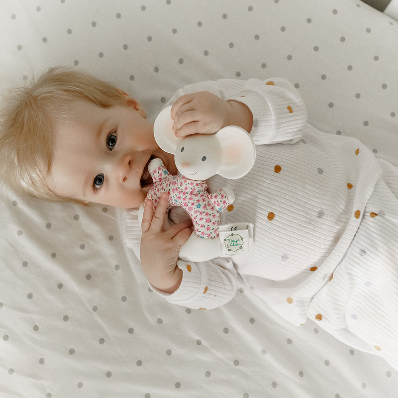 Meiya the Mouse Soft Rattle & Teether with Organic Natural Rubber Head