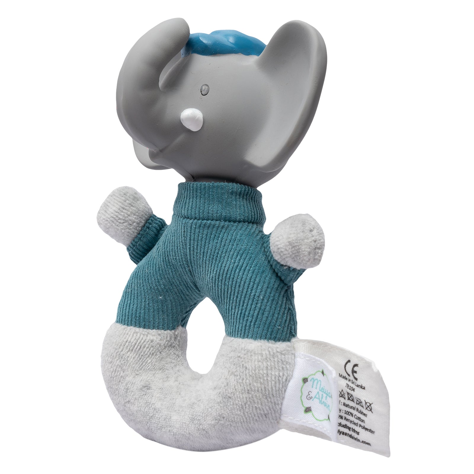 Alvin the Elephant - Soft Rattle with Organic Natural Rubber Head