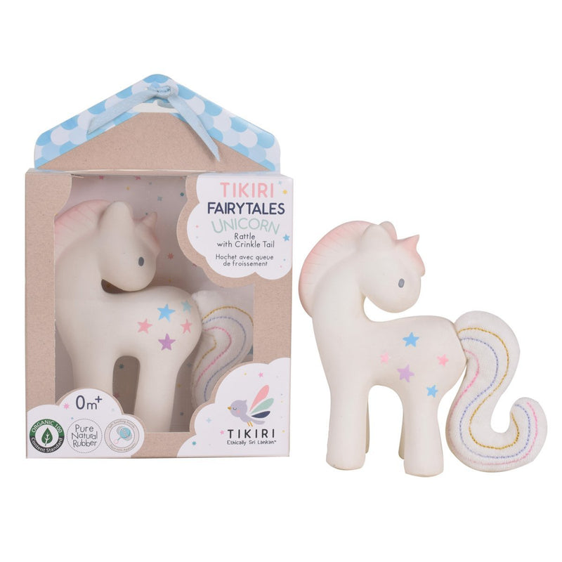 Cotton Candy Unicorn Organic Natural Rubber Rattle with Crinkle Tail
