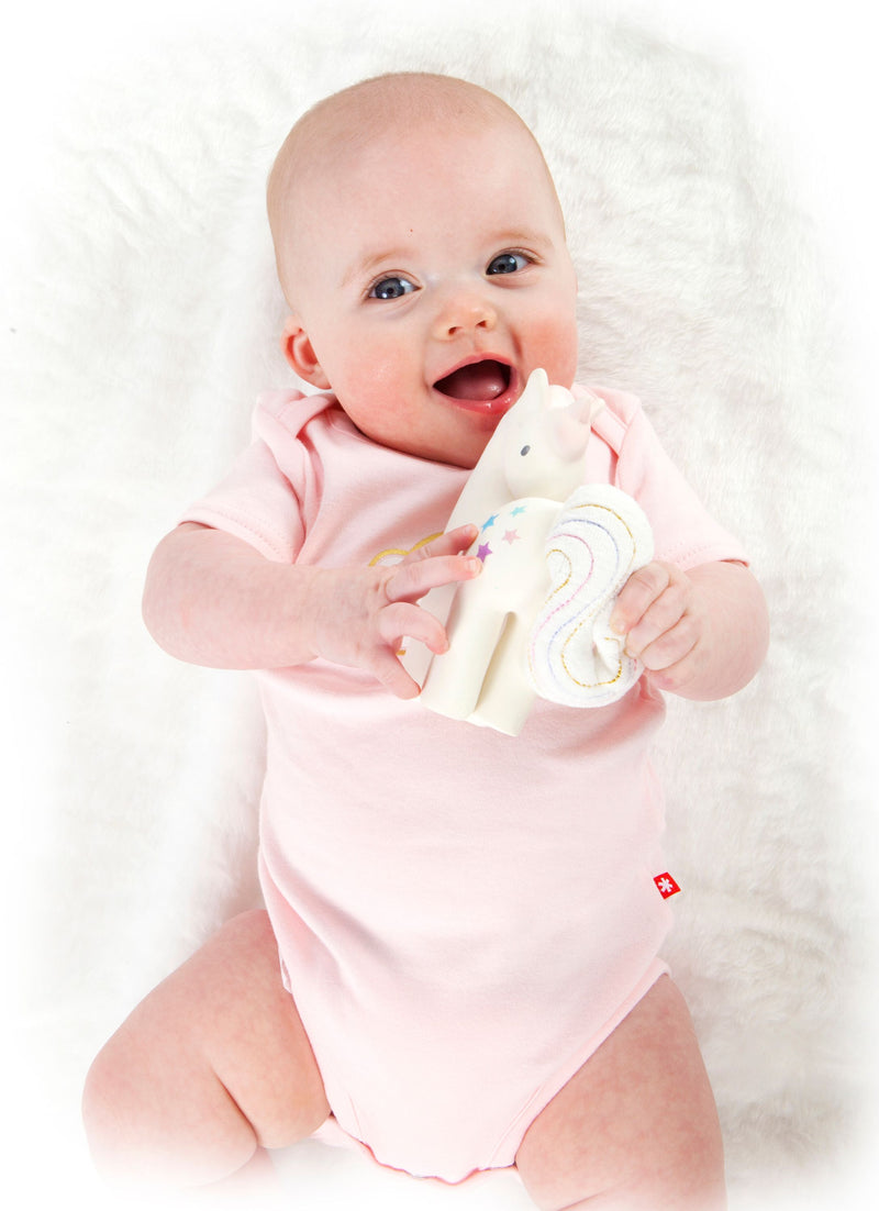 Cotton Candy Unicorn Organic Natural Rubber Rattle with Crinkle Tail