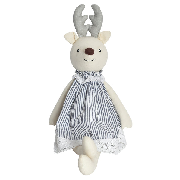 White Holiday Reindeer in Blue & White Stripe Outfit