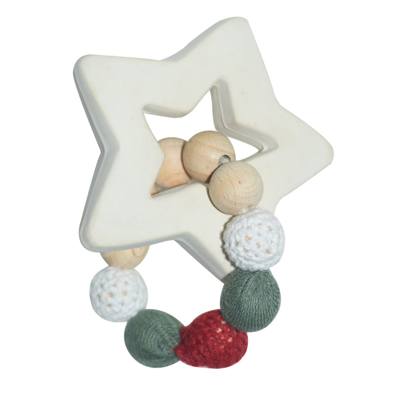 Holiday Star Natural Rubber Teether w/Wooden & Crochet Balls
