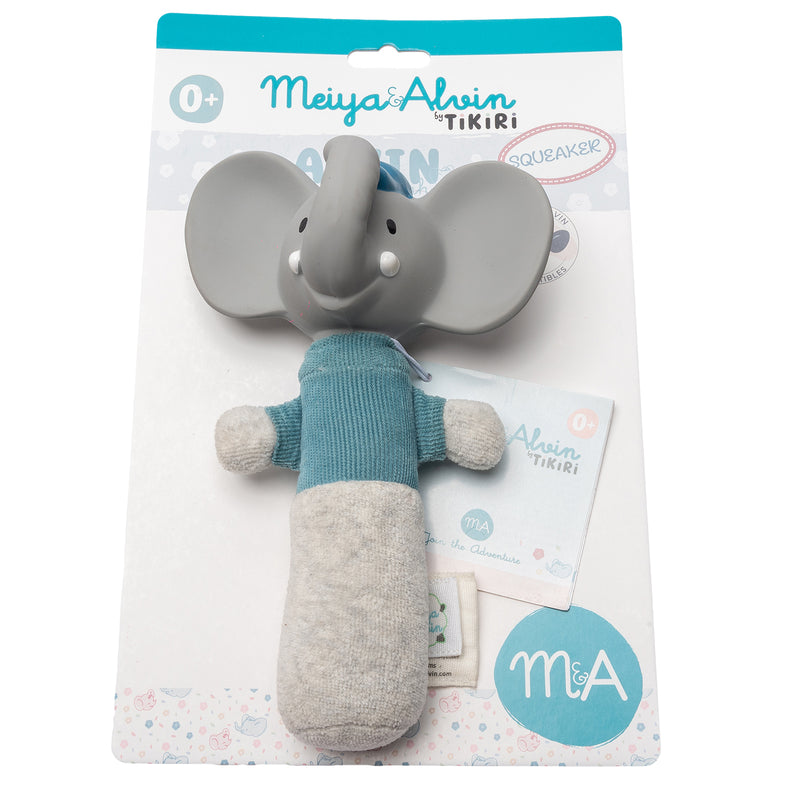 Alvin the Elephant - Soft Squeaker and Teether Toy with Organic Natural Rubber Head