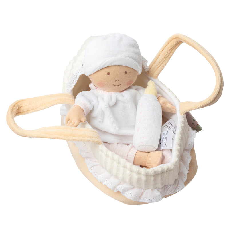 GRACE BABY SOFT DOLL WITH CARRY COT, BOTTLE & BLANKET
