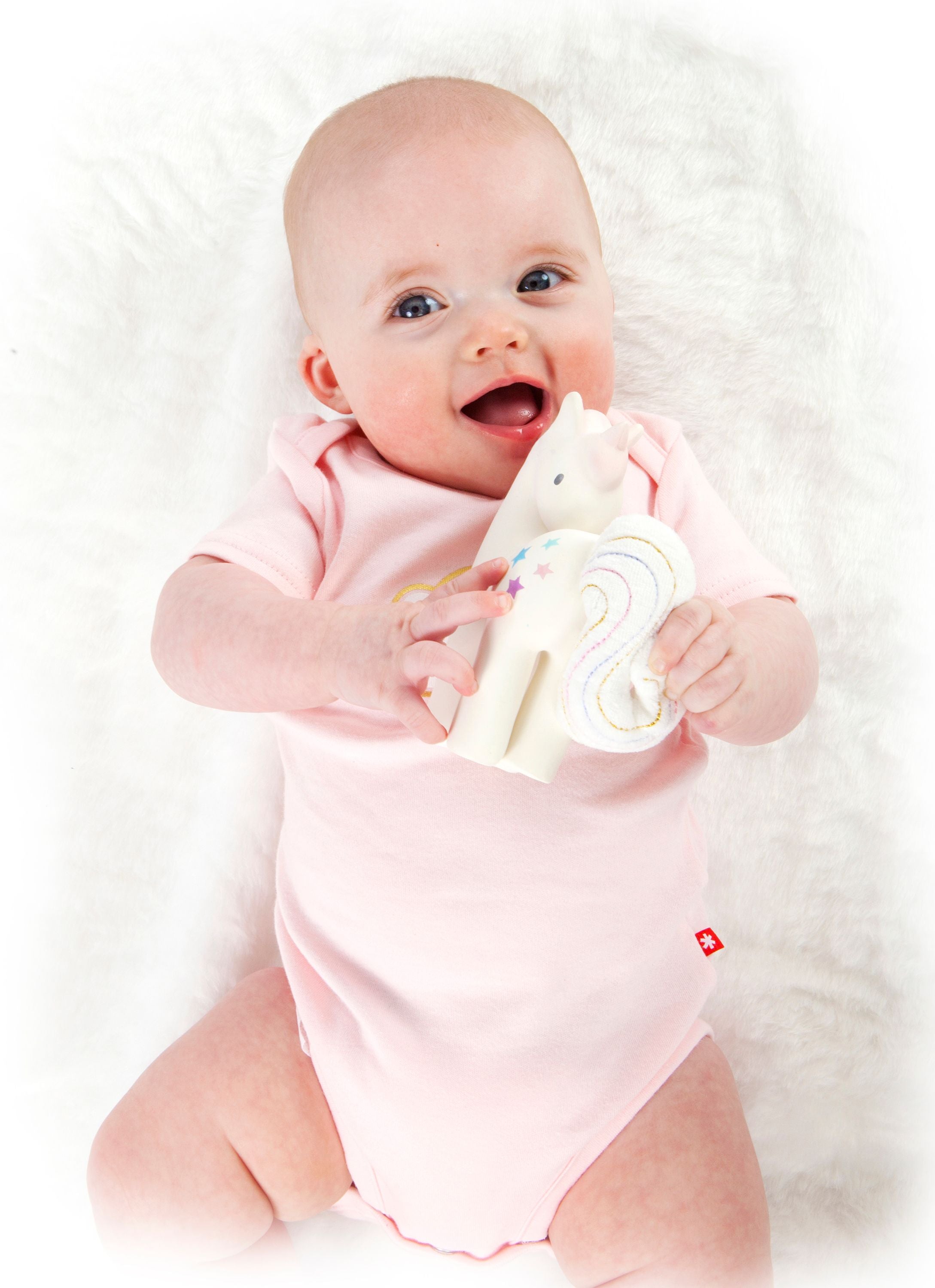 Cotton Candy Unicorn Organic Natural Rubber Rattle with Crinkle Tail