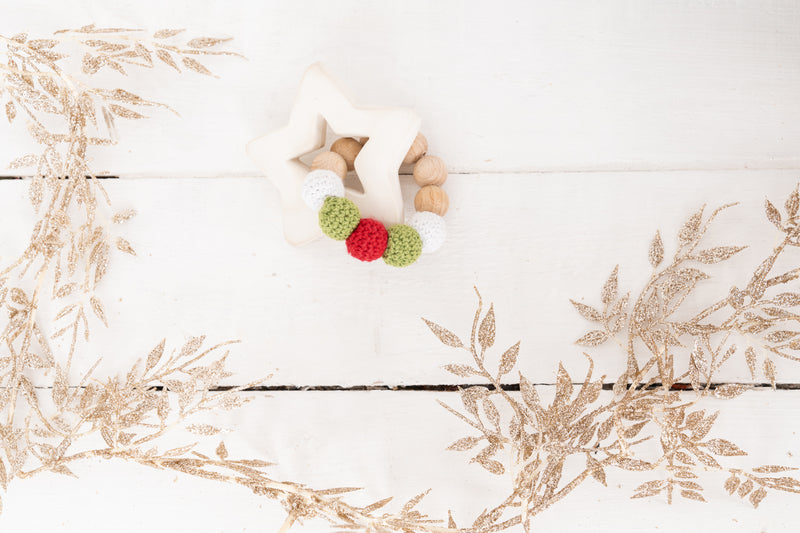Holiday Star Natural Rubber Teether w/Wooden & Crochet Balls