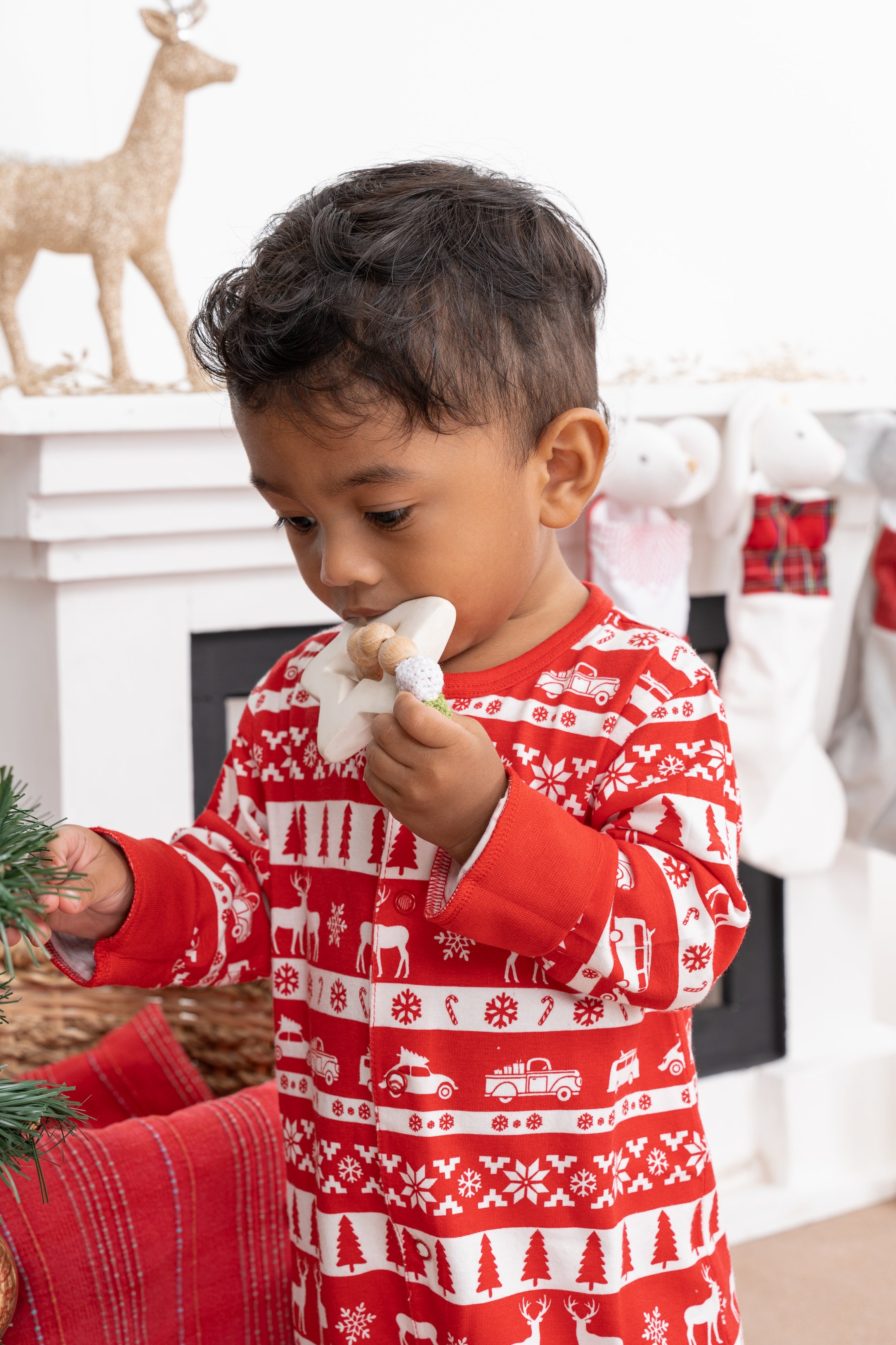 Snowflake Holiday Natural Rubber Teether w/Gingham Rattle Ball – Tikiri ...