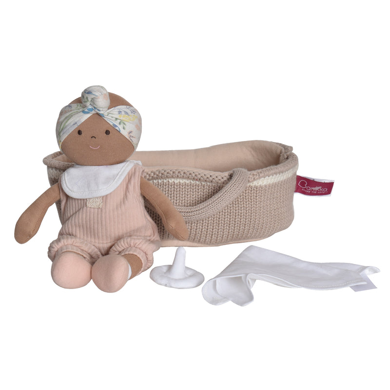 Knitted Carry Cot with Rheya Baby Dark Skin, Soother & Blanket