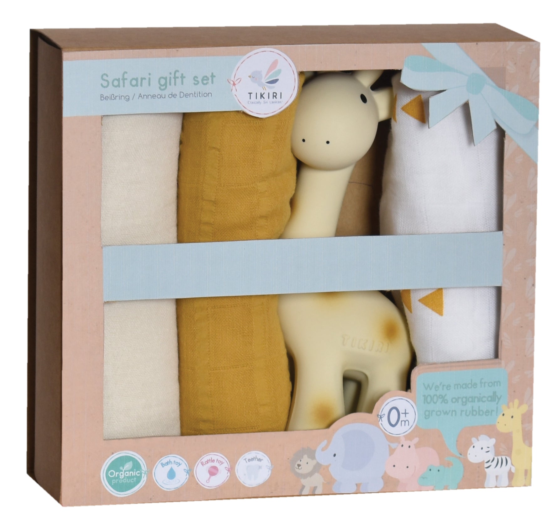 Giraffe Gift Set - Three Muslin Squares with Giraffe Rubber Teether