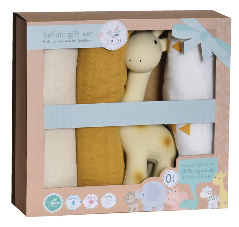 Giraffe Gift Set - Three Muslin Squares with Giraffe Rubber Teether