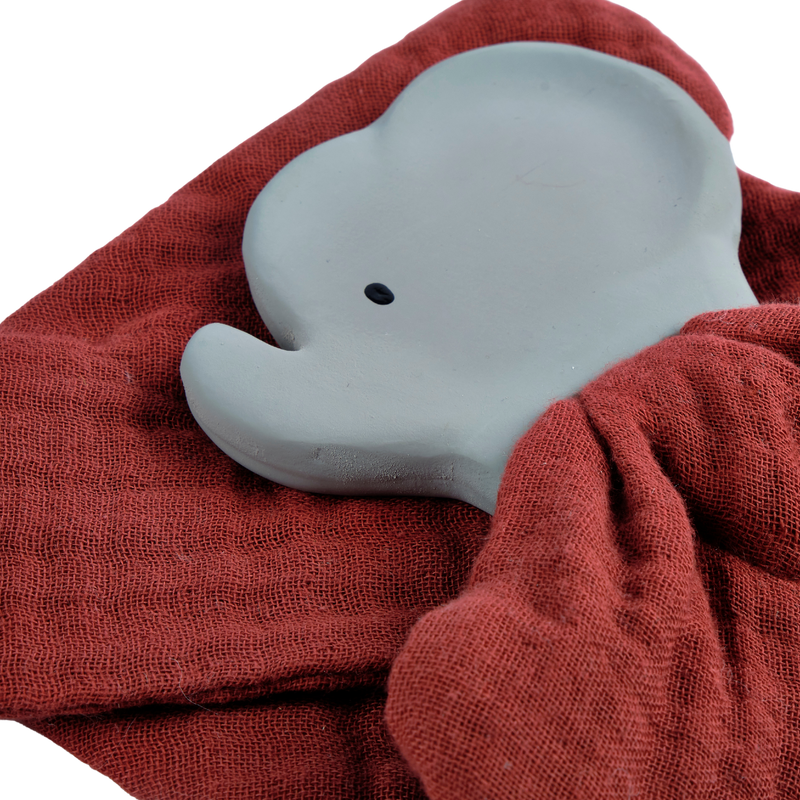 Elephant Barn Red Organic Muslin Comforter with Organic Natural Rubber Teether